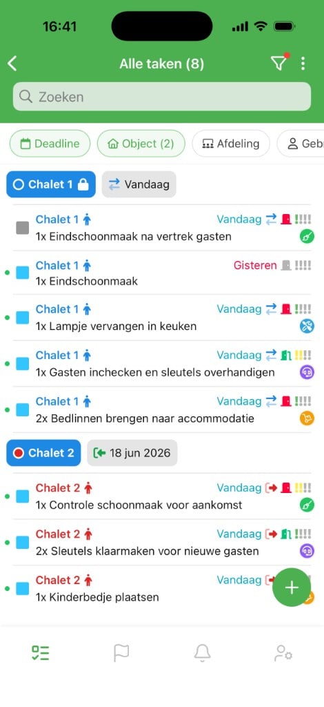 De Verbleif mobiele app met een takenlijst gegroepeerd per object